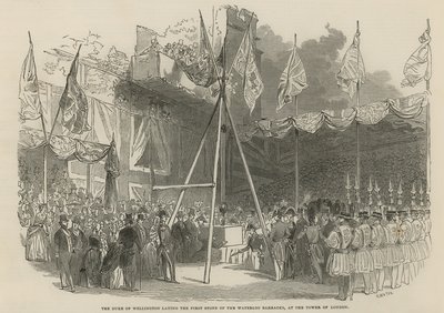 De hertog van Wellington legt de eerste steen van de Waterloo-kazerne door English School