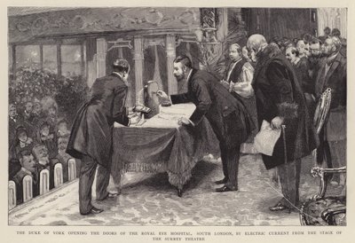 De hertog van York opent de deuren van het Royal Eye Hospital, Zuid-Londen, met elektrische stroom vanaf het podium van het Surrey Theatre door English School