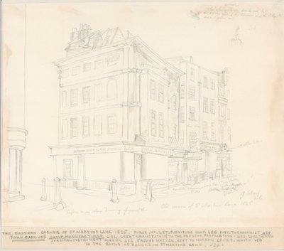 De Oostelijke Hoek van St Martins Lane, Londen, 1825 door English School