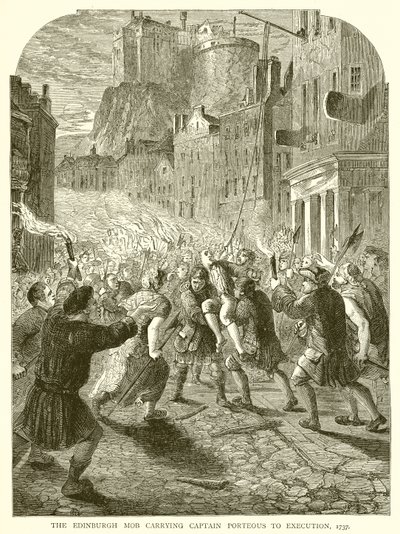 De menigte van Edinburgh draagt kapitein Porteous naar de executie, 1737 door English School