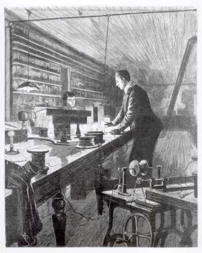 Het elektrische licht, de heer Edison (1847-1931) in zijn laboratorium door English School