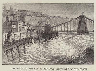 De elektrische spoorweg in Brighton, vernietigd door de storm door English School