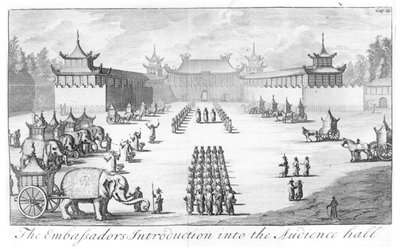 De introductie van de ambassadeurs in de audiëntiezaal: ontvangst in het Chinese keizerlijke paleis in Beijing voor de ambassade van tsaar Peter de Grote geleid door Evert Isbrandz. Ides, uit Three Years Travels from Mo door English School
