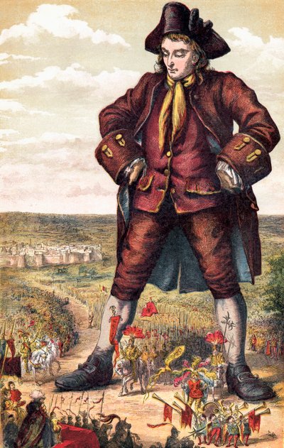 De Keizer van Lilliput en zijn leger marcheren tussen Gulliver