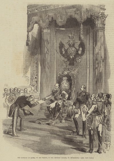 De keizer van Rusland op zijn troon, in het keizerlijk paleis, Sint-Petersburg door English School