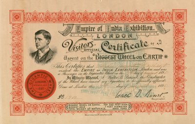 Het Rijk van India Tentoonstelling, Londen, officieel bezoekerscertificaat van een beklimming op het Grootste Wiel op Aarde; het Grote Wiel, Earls Court door English School