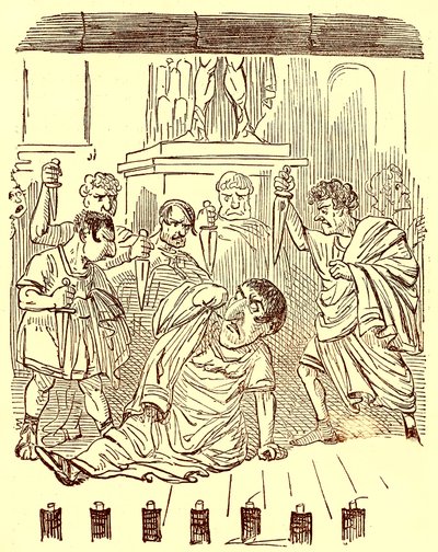 Het einde van Julius Caesar, illustratie uit De Komische Geschiedenis van Rome door Gilbert Abbott a Beckett, gepubliceerd ca. 1850 door English School