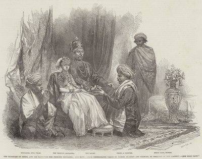 De ex-Rajah van Coorg, en zijn dochter de prinses Gouramma, en suite door English School