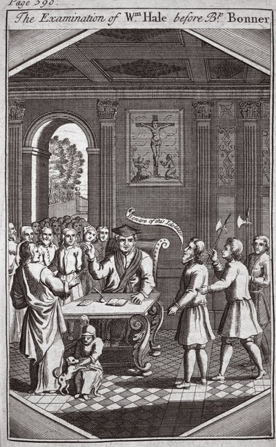Het verhoor van Wm Hale voor bisschop Bonner, illustratie uit Foxes Martelaren ca. 1703 door English School