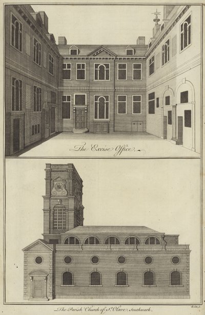 Het accijnskantoor, Londen en de parochiekerk van St Olave, Southwark door English School