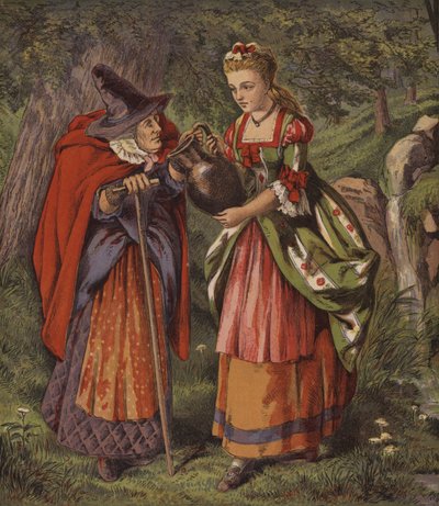 De Fee Bij De Fontein, Of De Twee Meisjes (kleur litho) door English School