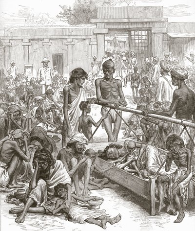 De hongersnood in India: Inheemsen wachten op hulp in Bangalore, oktober 1877 door English School