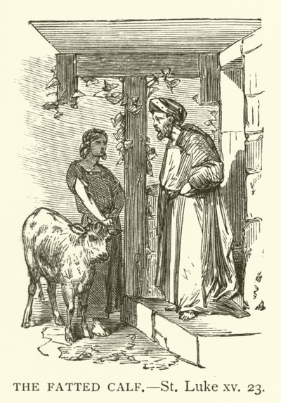 Het Gemeste Kalf, Lucas, xv, 23 (gravure) door English School