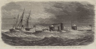 De Federale Pantserboot Monadnock sleept een Gehandicapte Kanonneerboot in een Storm bij Kaap Hatteras door English School