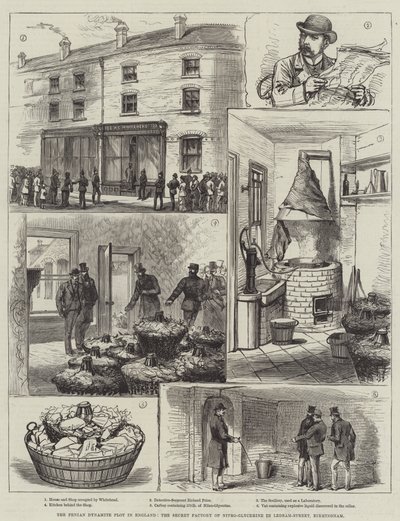 Het Fenian Dynamietcomplot in Engeland, de geheime fabriek van nitroglycerine in Ledsam-Street, Birmingham door English School