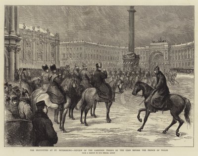 De festiviteiten in Sint-Petersburg, inspectie van de garnizoentroepen door de tsaar voor de prins van Wales (gravure) door English School