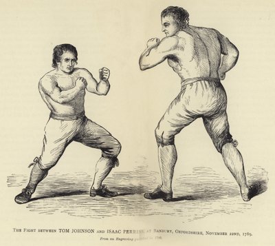 Het gevecht tussen Tom Johnson en Isaac Perrins, in Banbury, Oxfordshire, 22 november 1789, naar een gravure gepubliceerd in 1790 door English School