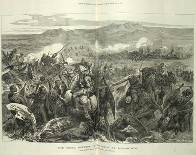 De laatste afwijzing van de Zoeloes bij Ginghilovo, naar schetsen van luitenant-kolonel J. North Crealock. Illustratie uit 