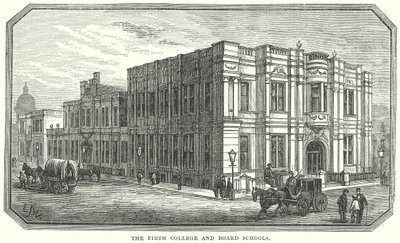 Het Firth College en bestuursscholen (gravure) door English School