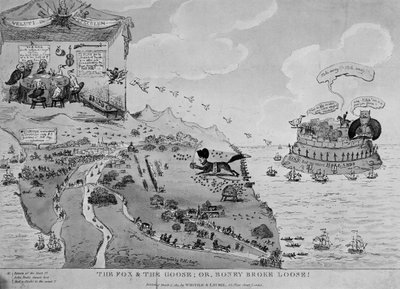 De vos en de gans, karikatuur van Napoleon die ontsnapt uit Elba, 1815 door English School