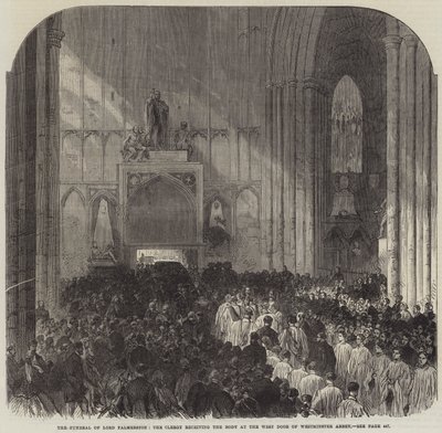 De Begrafenis van Lord Palmerston, de Geestelijkheid ontvangt het Lichaam bij de Westdeur van Westminster Abbey (gravure) door English School