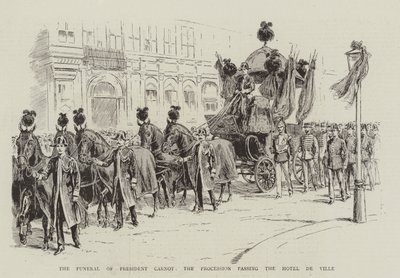 De begrafenis van president Carnot, de processie die langs het stadhuis trekt (litho) door English School