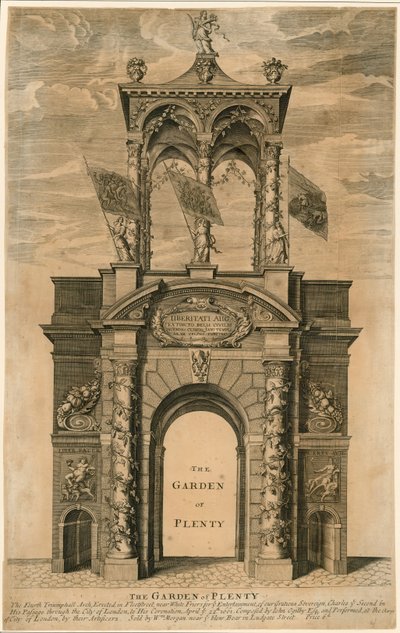 De tuin van overvloed; Triomfboog opgericht in Fleet Street, nabij Whitefriars, Londen door English School
