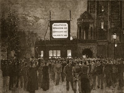 De algemene verkiezingen van 1892: Aankondiging van de resultaten in de National Liberal Club, illustratie uit Cassells Geïllustreerde Geschiedenis van Engeland door English School