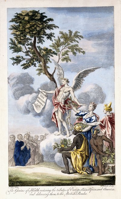 De Genius van Gezondheid ontvangt Europa, Azië, Afrika en Amerika en levert hen aan de Britse lezer, 1756-1757 door English School