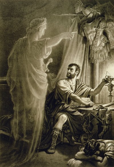 De geest van Julius Caesar, in het toneelstuk door William Shakespeare door English School