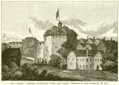 Het Globe Theater, Southwark (Met het Rose Theater in de Verte), in 1613 door English School