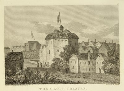 Het Globe Theatre aan de Bankside zoals het verscheen tijdens het bewind van James I (1566-1625), naar een gravure c.1612, gepubliceerd 1810 door English School