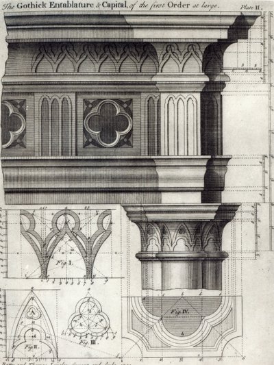 De gotische entablement en kapiteel van de eerste orde op ware grootte, 1741 door English School