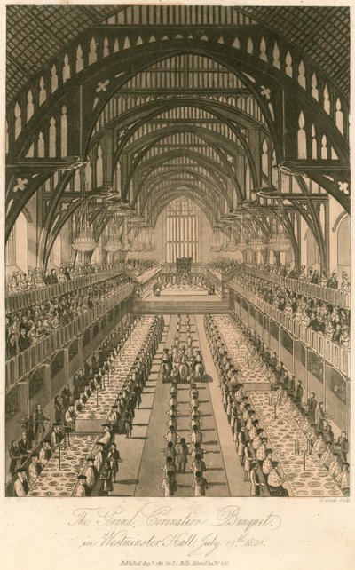 Het grote kroningsbanket van Koning George IV in Westminster Hall, 17 juli 1821 door English School