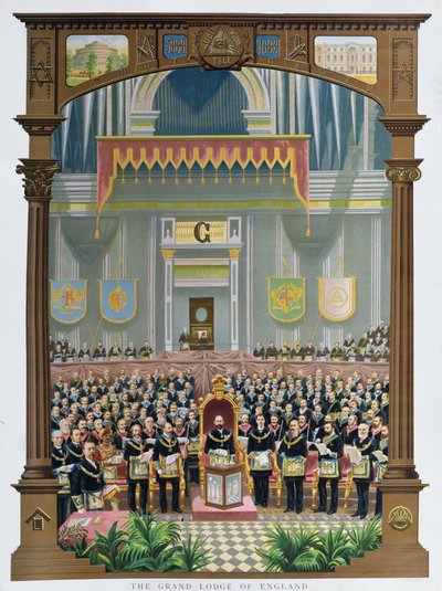 De Grand Lodge of England stemt over het felicitatieve jubileumadres aan Hare Majesteit Koningin Victoria in de Albert Hall, Londen, 13 juni 1887 door English School