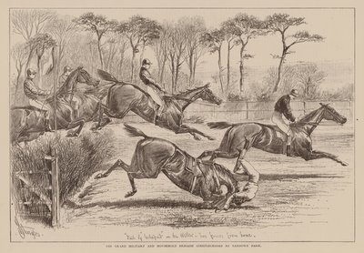 De Grand Military and Household Brigade Steeplechases op Sandown Park (gravure) door English School