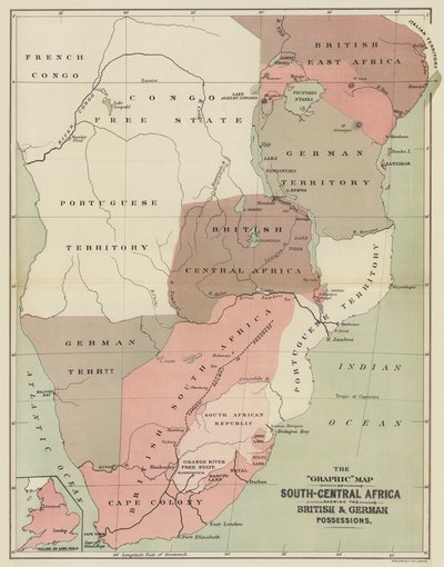De Grafische Kaart van Zuid-Centraal Afrika met de Britse en Duitse Bezittingen (kleur litho) door English School