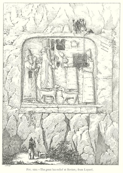 Het grote bas-reliëf in Bavian; van Layard (gravure) door English School