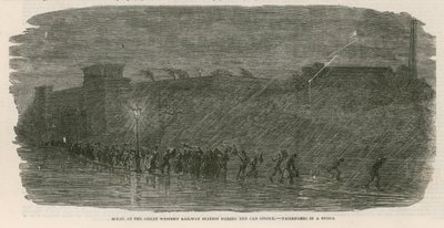 De Grote Cab Staking: Scène bij het Great Western Railway Station - passagiers in een storm door English School