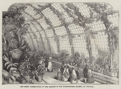 De grote kas in de tuinen van de Horticultural Society, in Chiswick (gravure) door English School