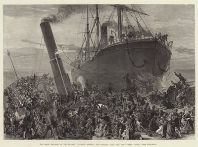 De grote ramp op de Theems, botsing tussen de prinses Alice en de Bywell Castle, nabij Woolwich (gravure) door English School