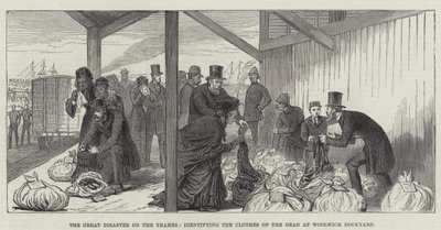 De grote ramp op de Theems, het identificeren van de kleding van de doden in de scheepswerf van Woolwich (gravure) door English School