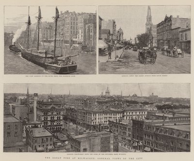 De grote brand in Milwaukee, algemene uitzichten van de stad (gravure) door English School