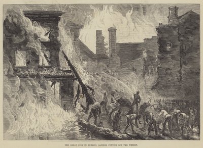 De grote brand in Dublin, sappers snijden de whisky af (gravure) door English School