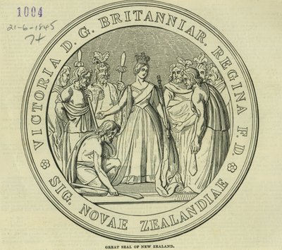 Het Grote Zegel van Nieuw-Zeeland, uit The Illustrated London News, 21 juni 1845 door English School