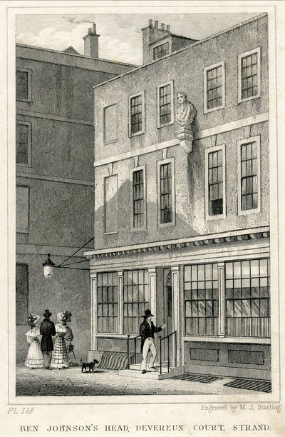 The Grecian Coffee House, Devereux Court, Strand, met een buste van Ben Johnson (gravure) door English School