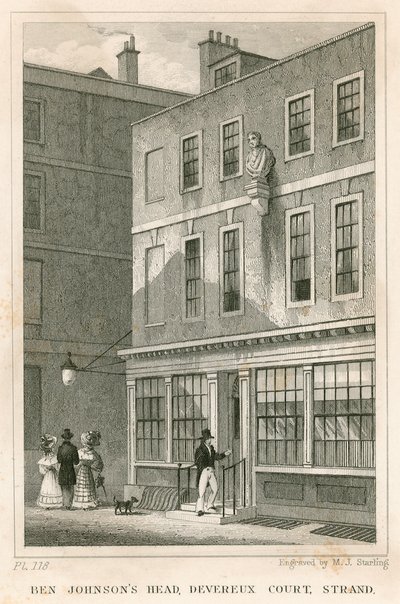 The Grecian Coffee House, Devereux Court, Strand, met een buste van Ben Johnson door English School