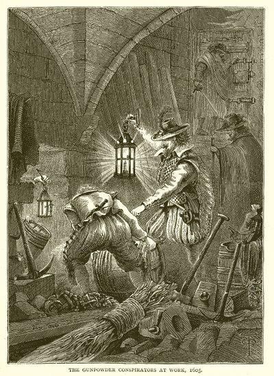 De buskruit samenzweerders aan het werk, 1605 door English School