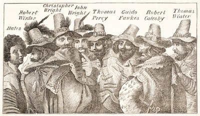 De Kruitplot Samenzweerders, naar een gravure uit 1606 door English School