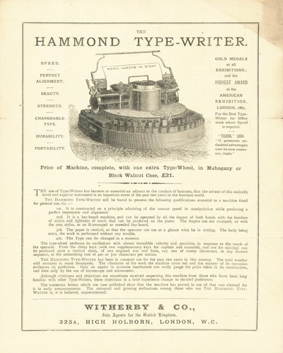 De Hammond Typemachine van Wetherby & Co, High Holborn, Londen door English School